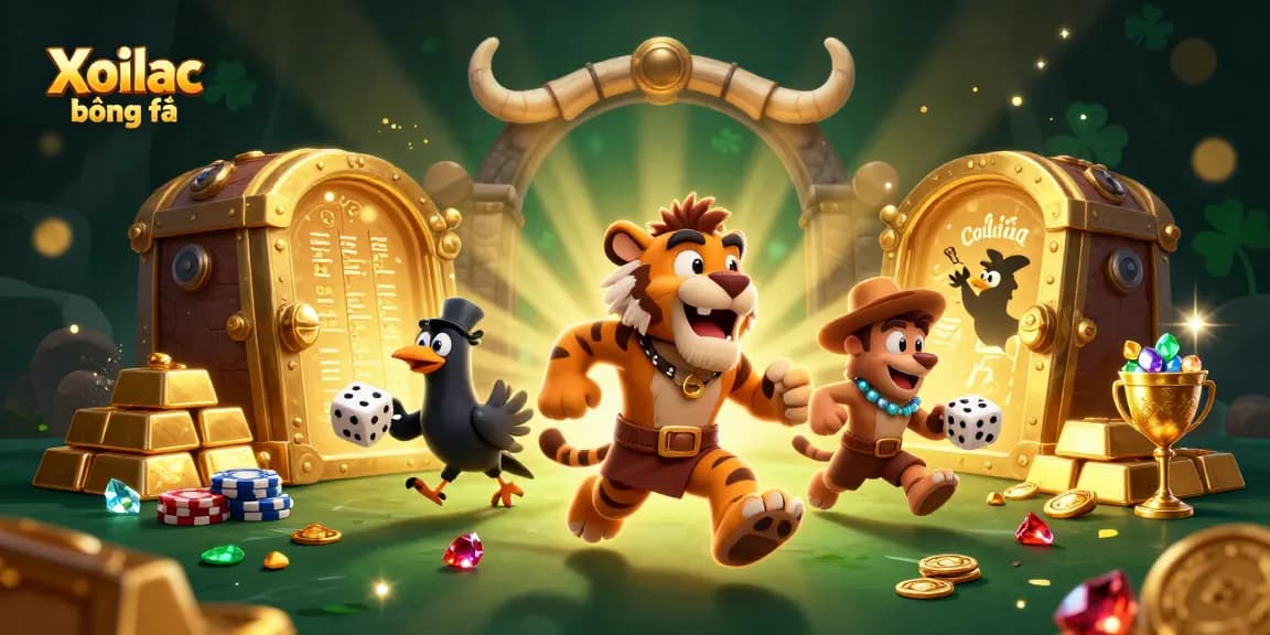 Xoilac bóng đá features a dynamic cartoon scene of prehistoric casino with gold treasures and lively characters.