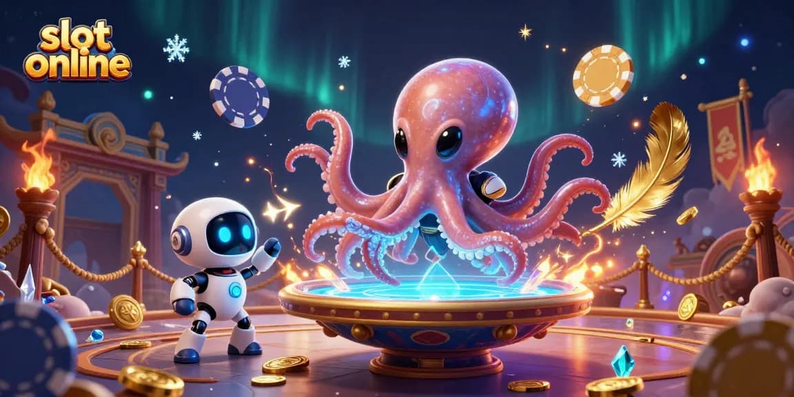 Experience exciting slot online action with a joyful alien octopus and a robot at a poker table.