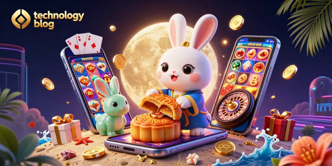 Engage with our technology blog featuring a vibrant 3D illustration of a moon rabbit revealing poker chips.