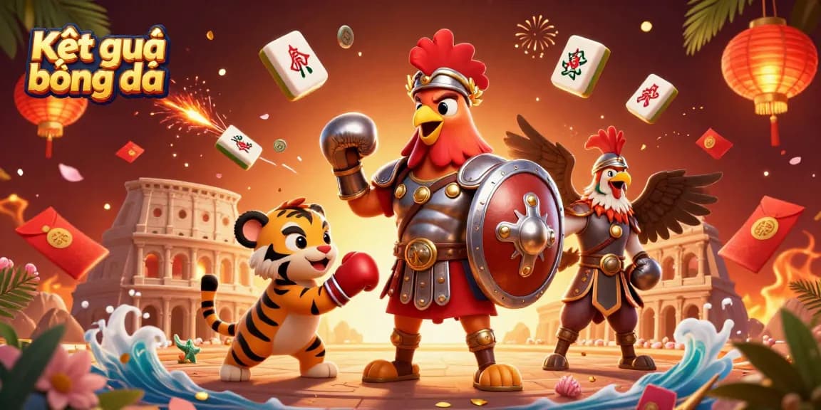 Betting excitement captured in a vibrant Kết quả bóng đá illustration, featuring a rooster in armor and lively elements.