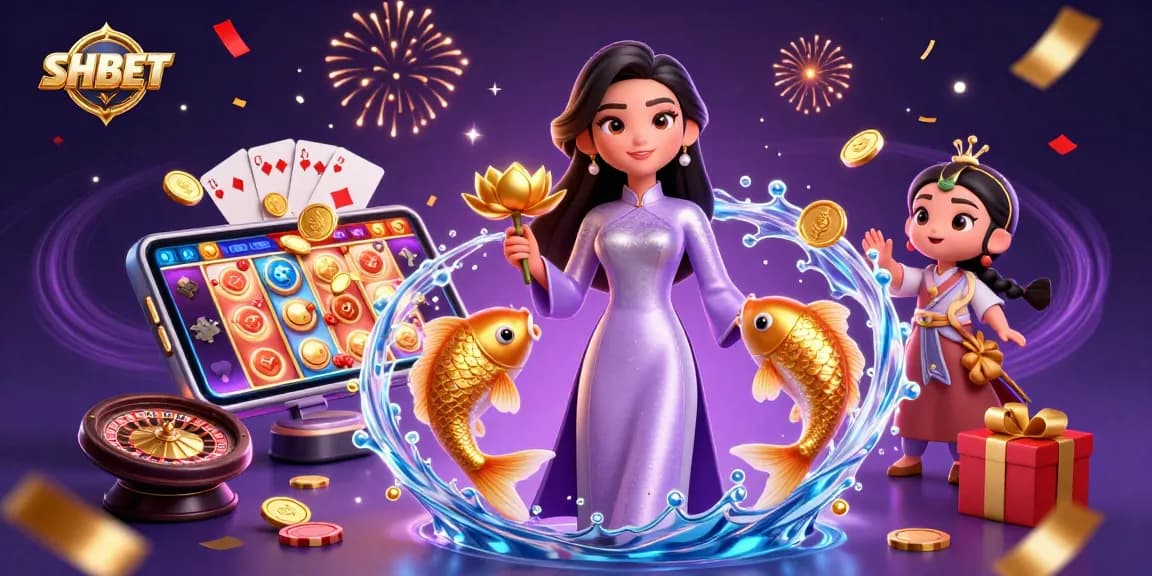 Win big with SH BET in an enchanting 3D casino scene featuring dynamic characters and vibrant game elements.