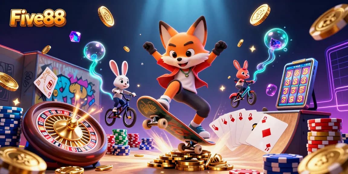 Engage with the vibrant world of Five88, featuring a fox and rabbit in a dynamic casino illustration.