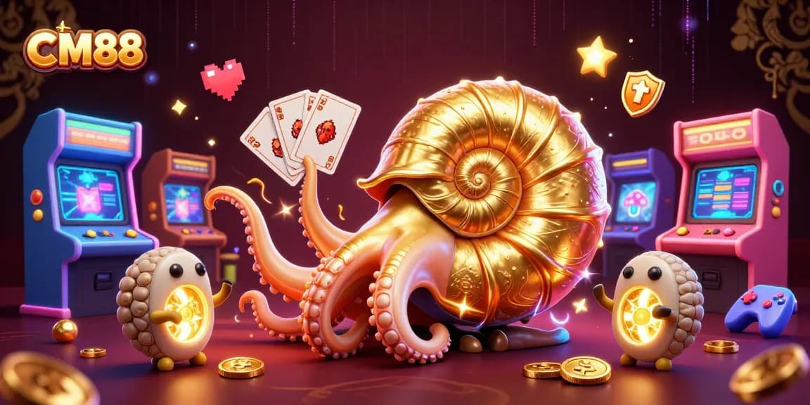 Experience excitement at CM88 with a vibrant 3D casino illustration featuring an ancient nautilus roulette wheel.
