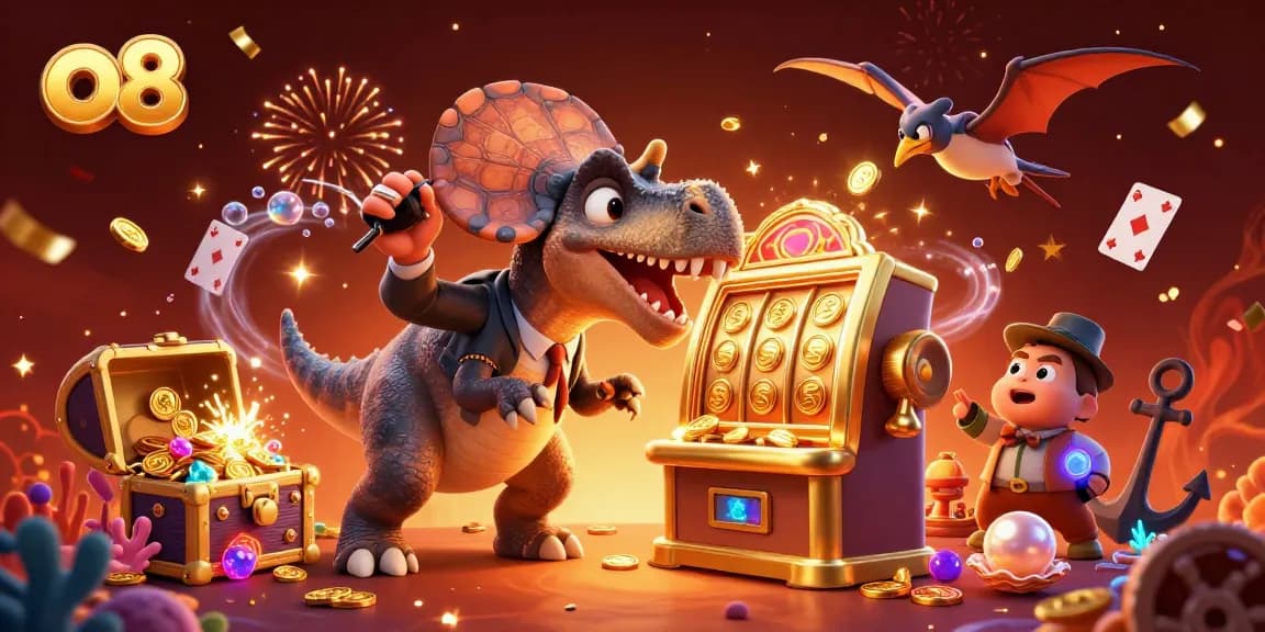 Engage with o8’s thrilling gaming experience illustrated by a dinosaur victory over a jackpot slot machine.
