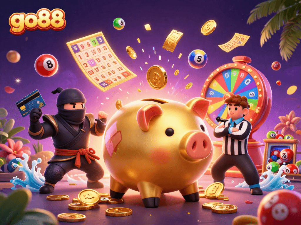 Experience vibrant gameplay with go88, featuring a golden piggy bank, ninja, samurai, and dynamic casino elements.