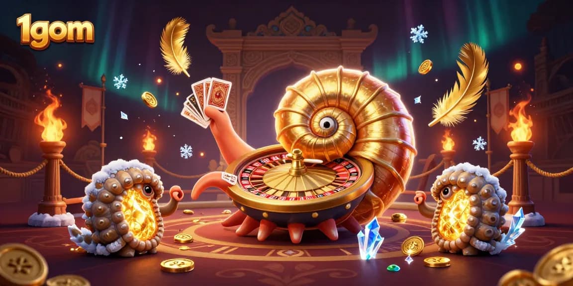 Engage strategically with 1gom's thrilling gaming features amid a vibrant atmosphere of cards and golden treasures.