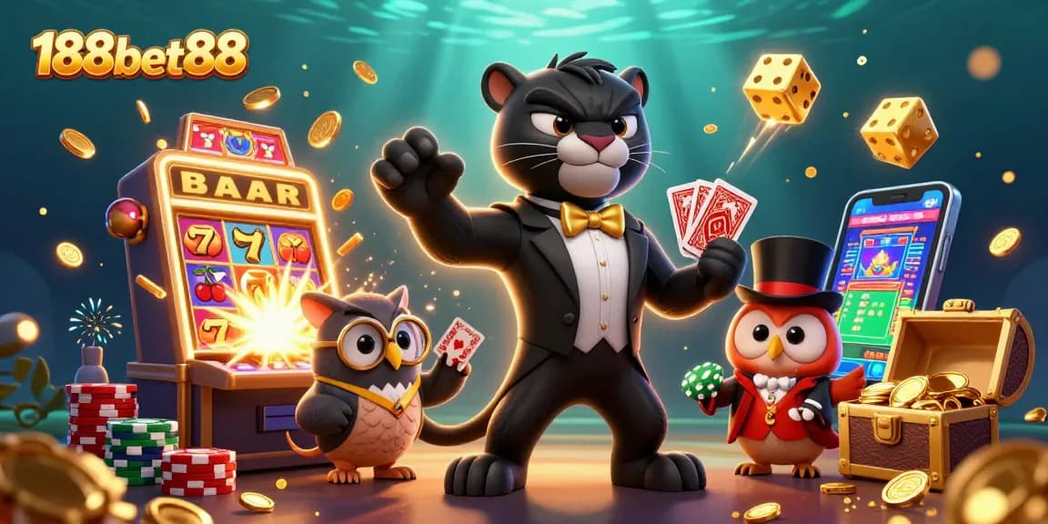 Experience the thrill at 188bet88 with a stylish panther dealer, exciting slot games, and vibrant chips.