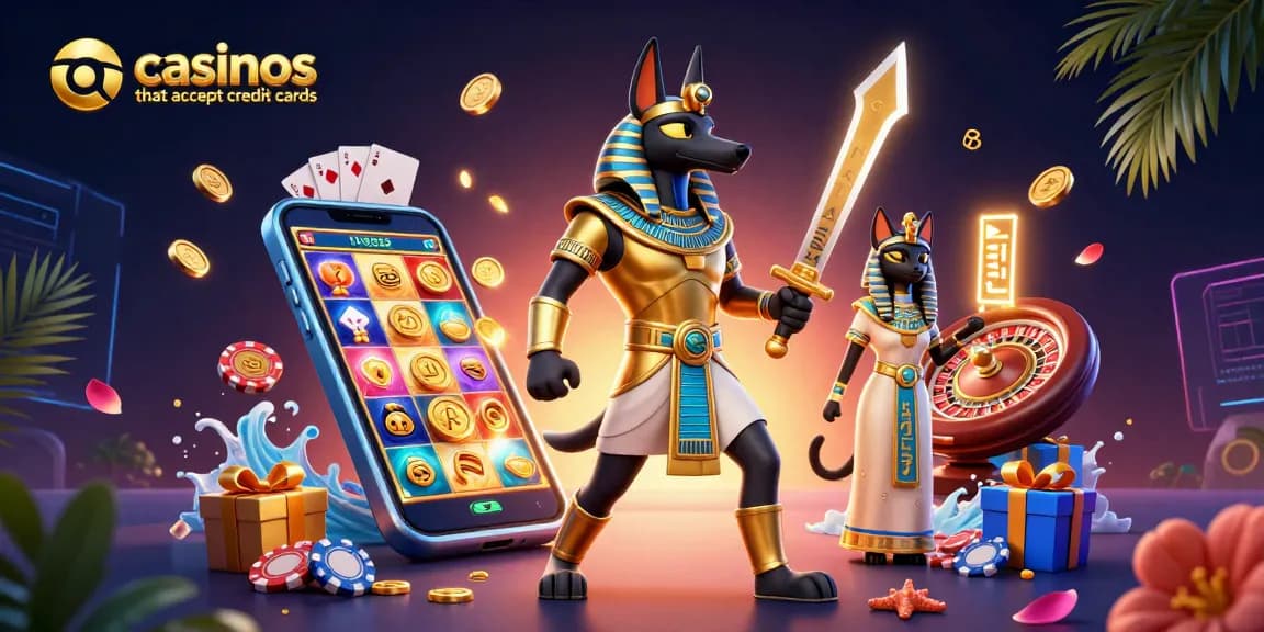 Spin thrilling slots at casinos that accept credit cards featuring Anubis and Bastet in 3D.