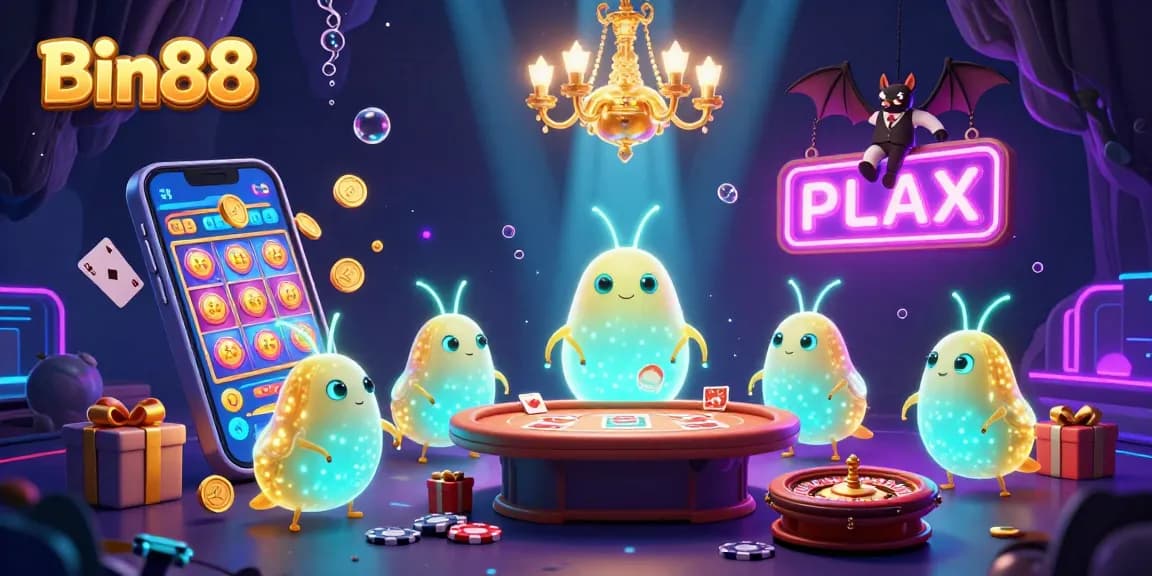 Celebrate gambling thrills with Bin88 in a vibrant casino scene featuring glowworms and dynamic gaming elements.