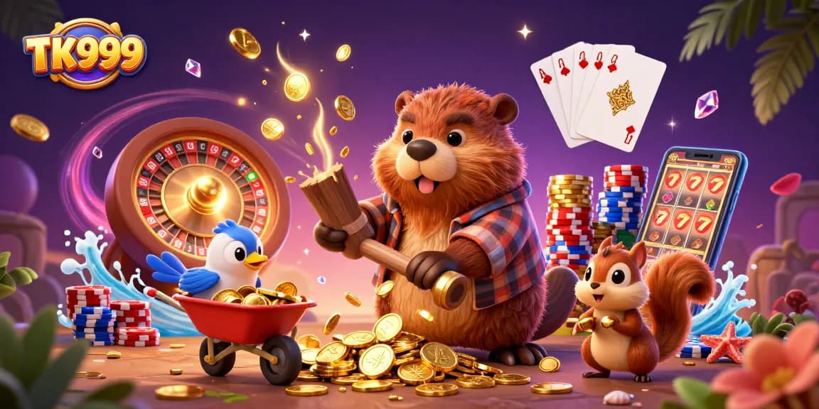 Experience thrilling gameplay with TK999 featuring a cartoon beaver collecting golden coins in a vibrant casino scene.