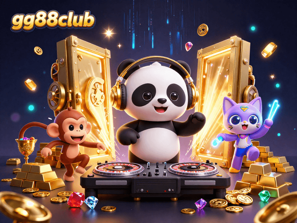 Engage with gg88club's vibrant casino experience featuring a DJ panda and animated characters.
