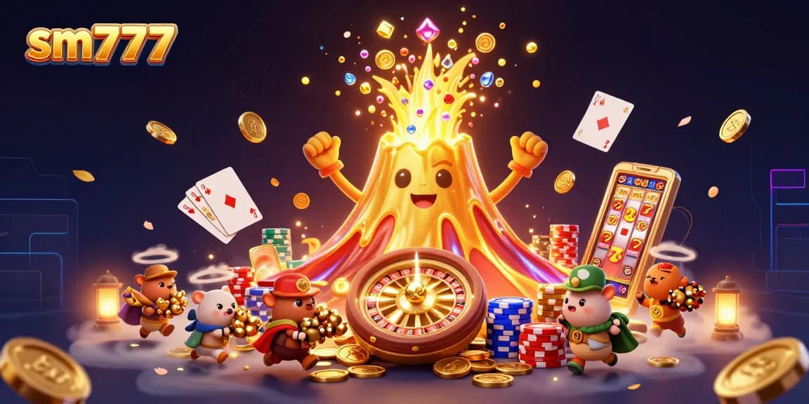 sm777 ignites excitement with a volcano of treasure and casino fun in a vibrant illustration