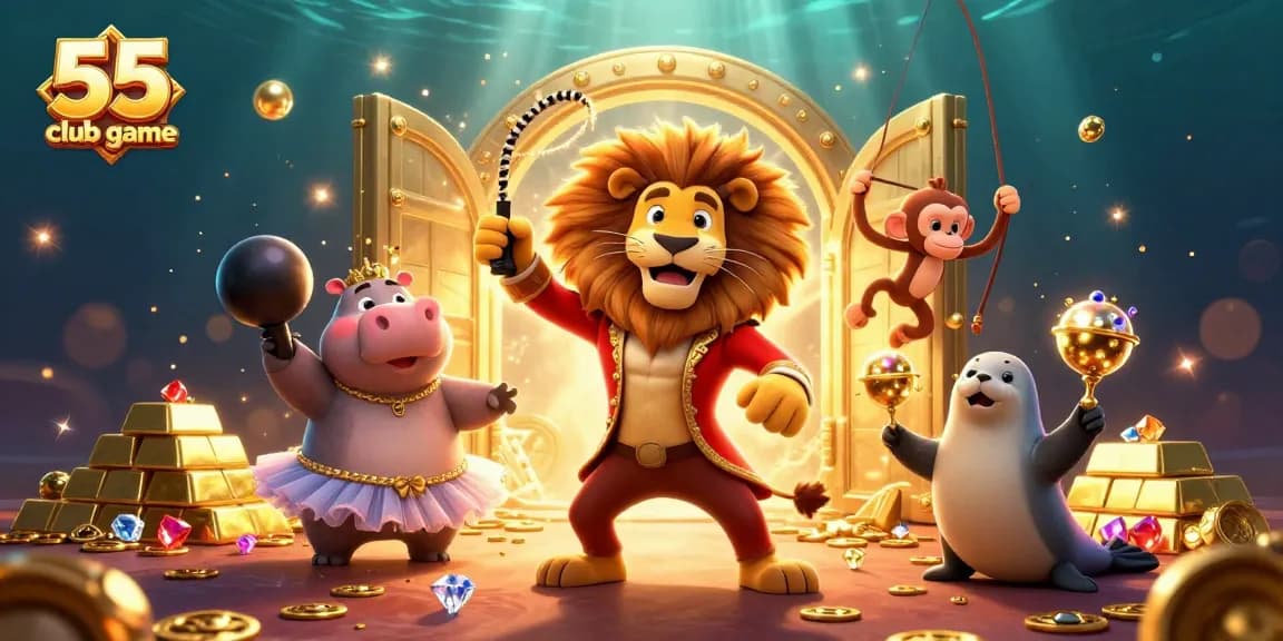 Experience the excitement of the 55 club game with a dynamic circus theme full of vibrant characters.