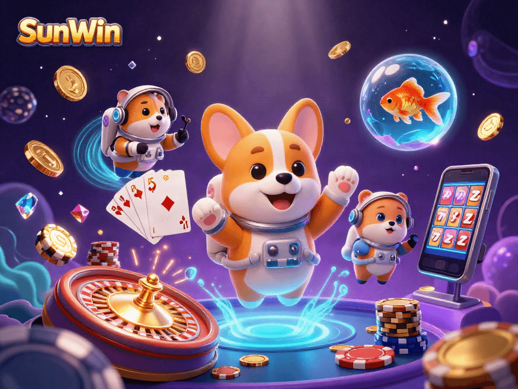 Experience the fun of SunWin Casino with a floating corgi, chips, and a lively space scene.