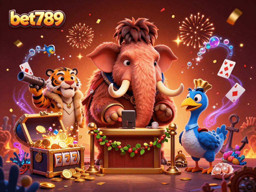 Experience the vibrant excitement of bet789 with a dynamic casino scene featuring a woolly mammoth bouncer.