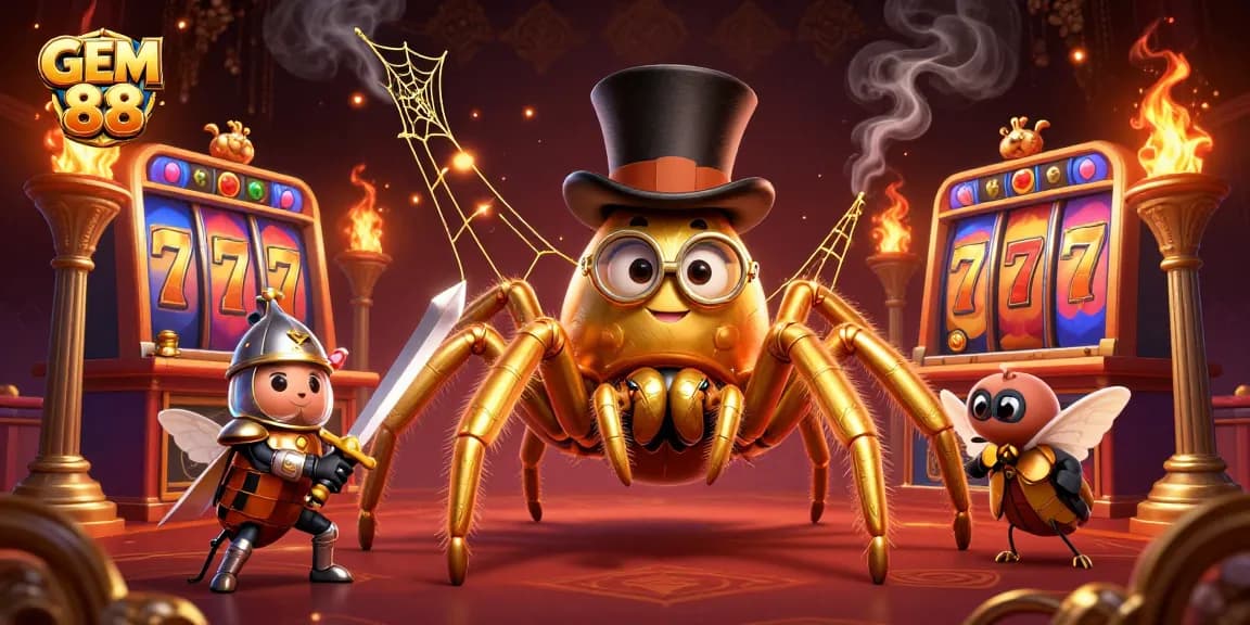 Engage with GEM 88 as a golden tarantula weaves a jackpot web surrounded by a dazzling casino scene.