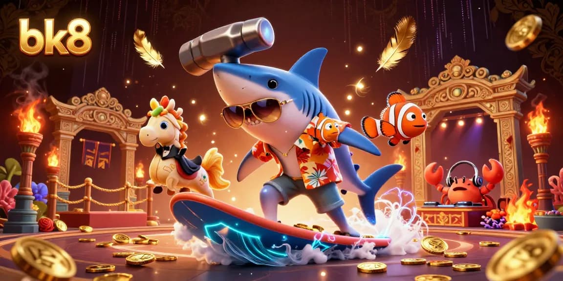 Experience thrilling gambling fun with bk8 as a cartoon shark celebrates on a wave of gold coins.