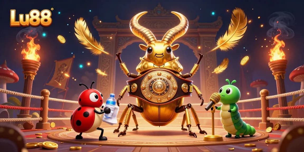 Battle for glory at Lu88 with an epic cartoon scene of beetles and gambling elements.