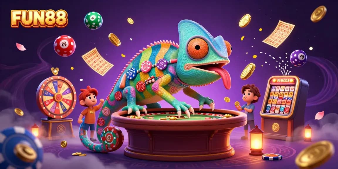 Engage with FUN88's vibrant casino atmosphere featuring a chameleon owner and lively lottery elements.