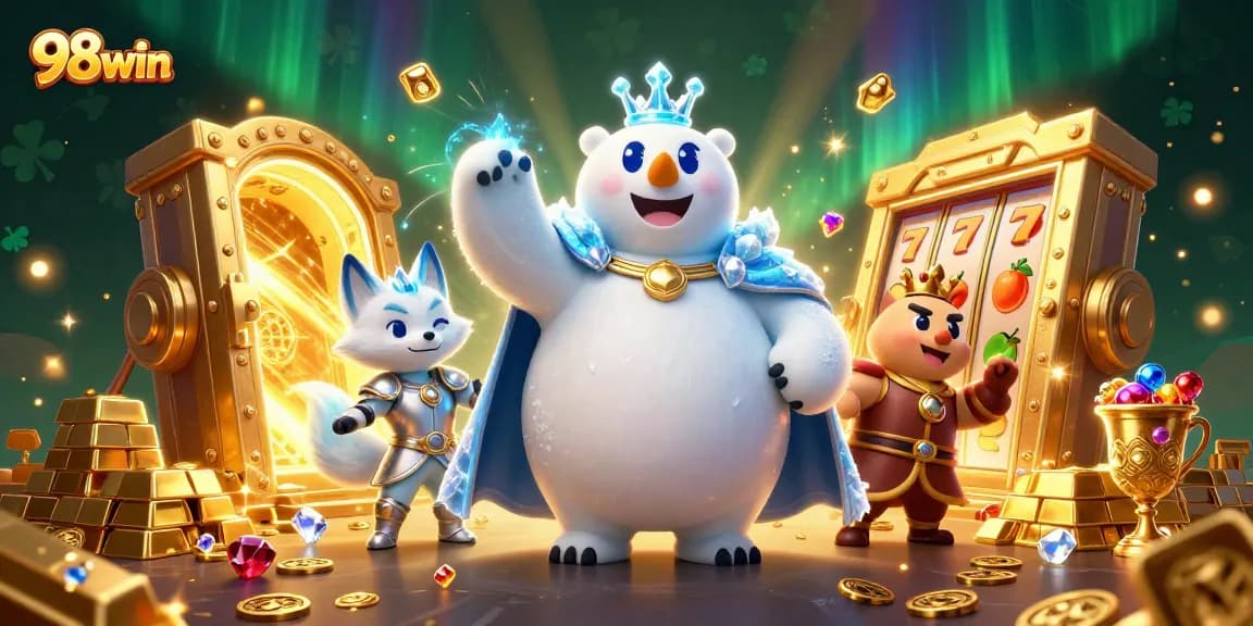 Spin the reels for big wins at 98win, featuring a magical scene with treasure and slot elements.