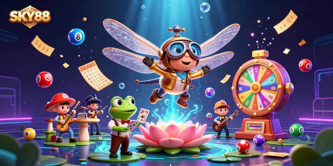 Experience the vibrant world of SKY88 with a dynamic casino scene filled with colorful games, characters, and excitement.