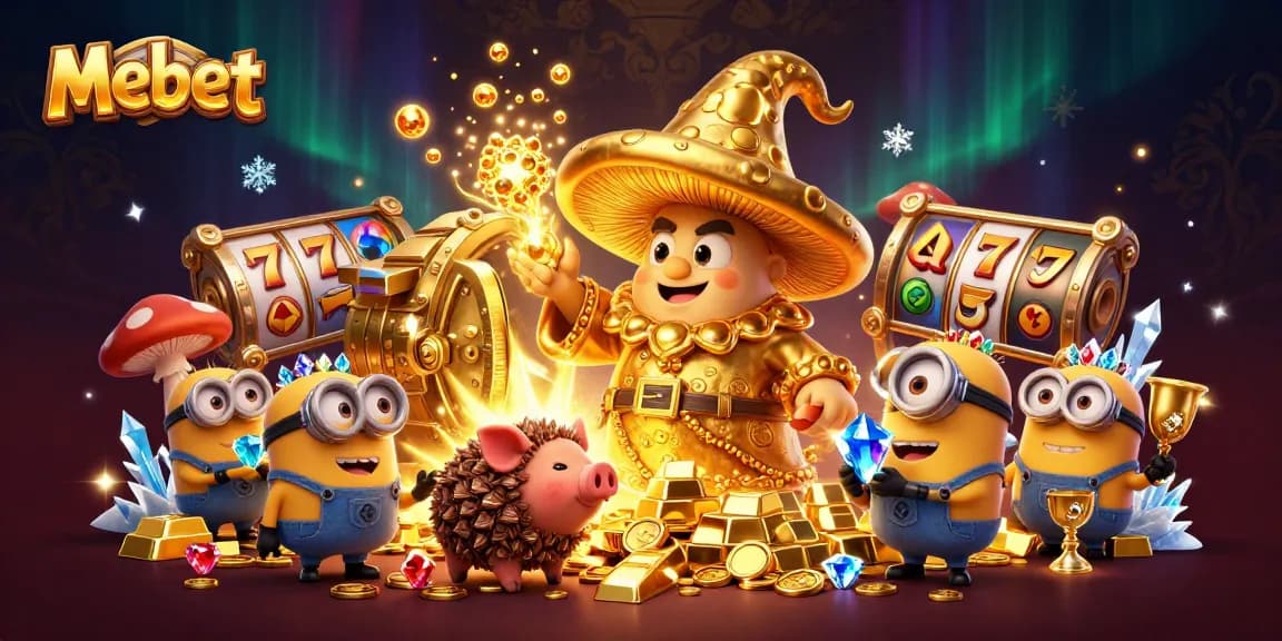 Mebet enhances winning opportunities with a vibrant and dynamic 3D illustration, showcasing engaging casino elements.
