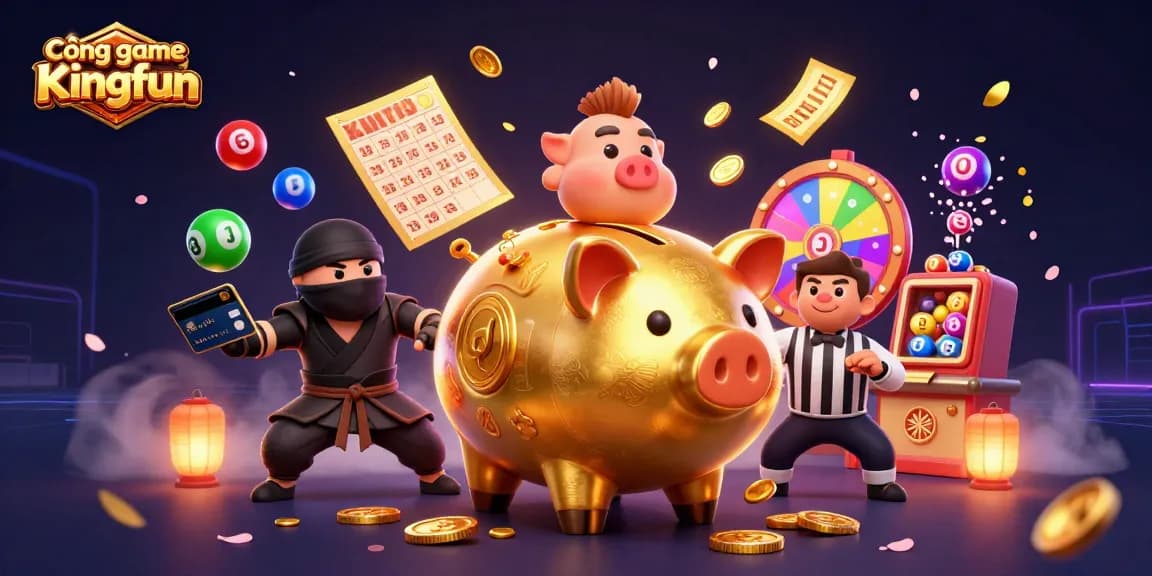 Experience the excitement of Cổng game Kingfun with vibrant 3D illustrations showcasing dynamic casino elements and rich visuals.
