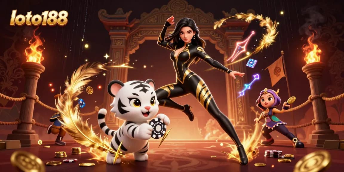 Experience thrilling moments at loto188 with an adventurous woman and a playful white tiger amidst vibrant casino elements.