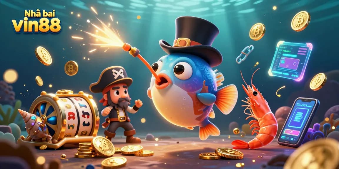 Engage with Nhà cái Vin88 in this vibrant illustration showcasing dynamic slots and glowing cryptocurrency elements.
