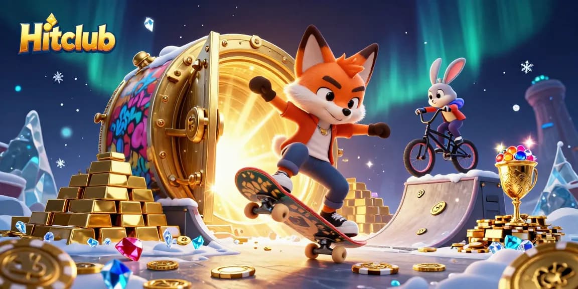 Hitclub showcases a vibrant 3D cartoon scene with a skateboarder fox and BMX rabbit amid casino excitement.