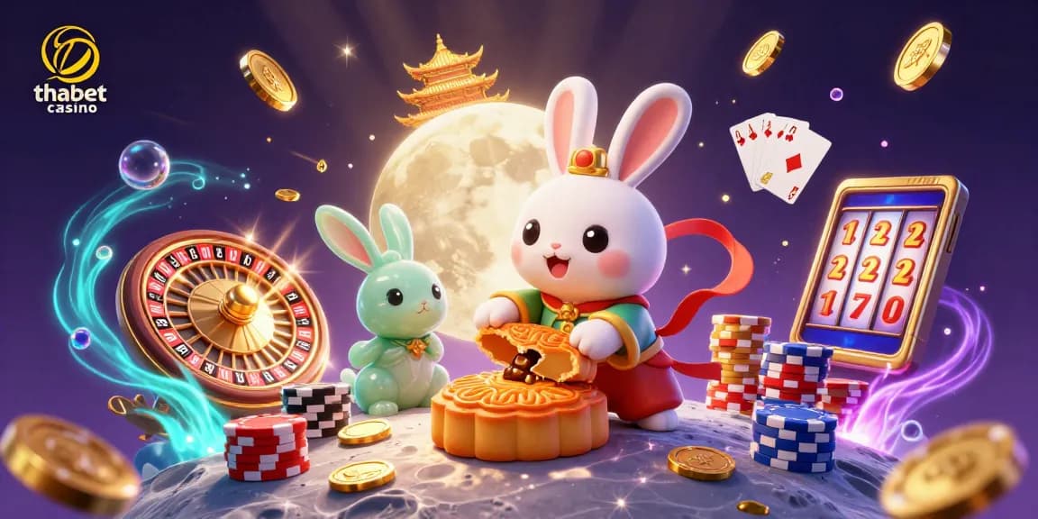 Experience thabet casino with a vibrant 3D illustration of moon rabbits and casino riches.