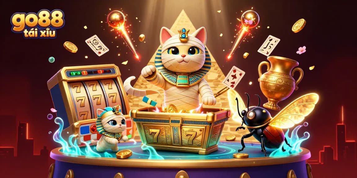 Experience the excitement of go88 tài xỉu with an animated mummy cat and vibrant casino elements.