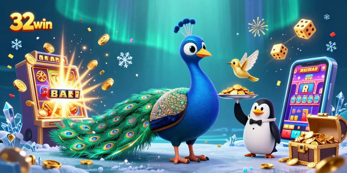 Spin and win big with 32win's vibrant casino illustration filled with jackpot action!