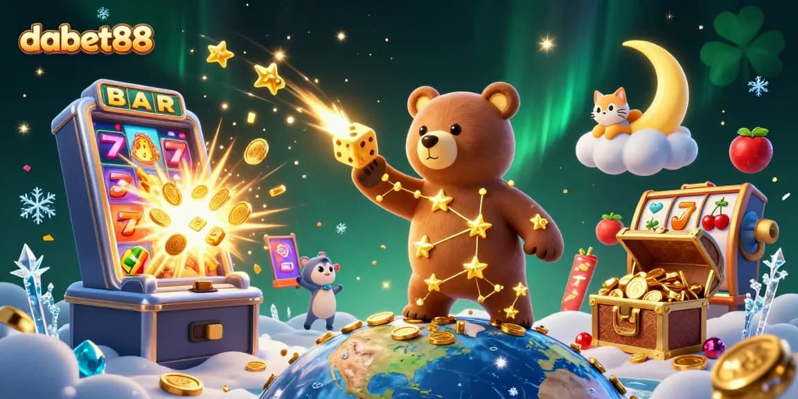 Engage with dabet88 as a constellation bear scoops coins in a vibrant casino scene.