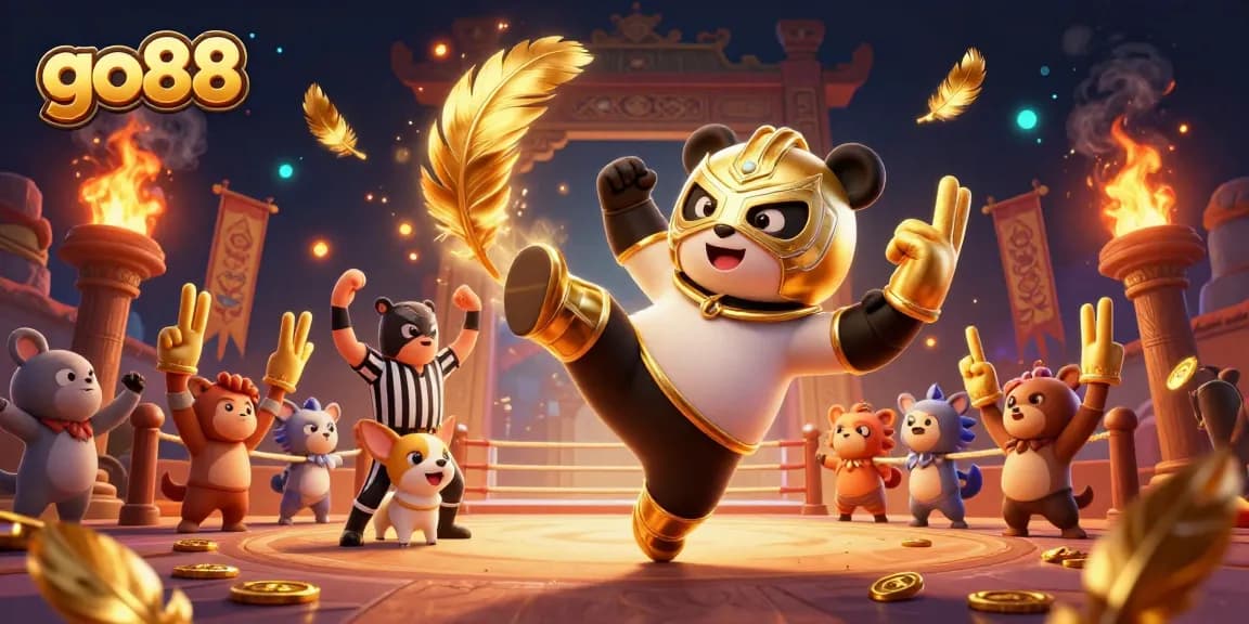 Experience the excitement of go88 as a panda wrestler conquers the ring in this dynamic illustration.
