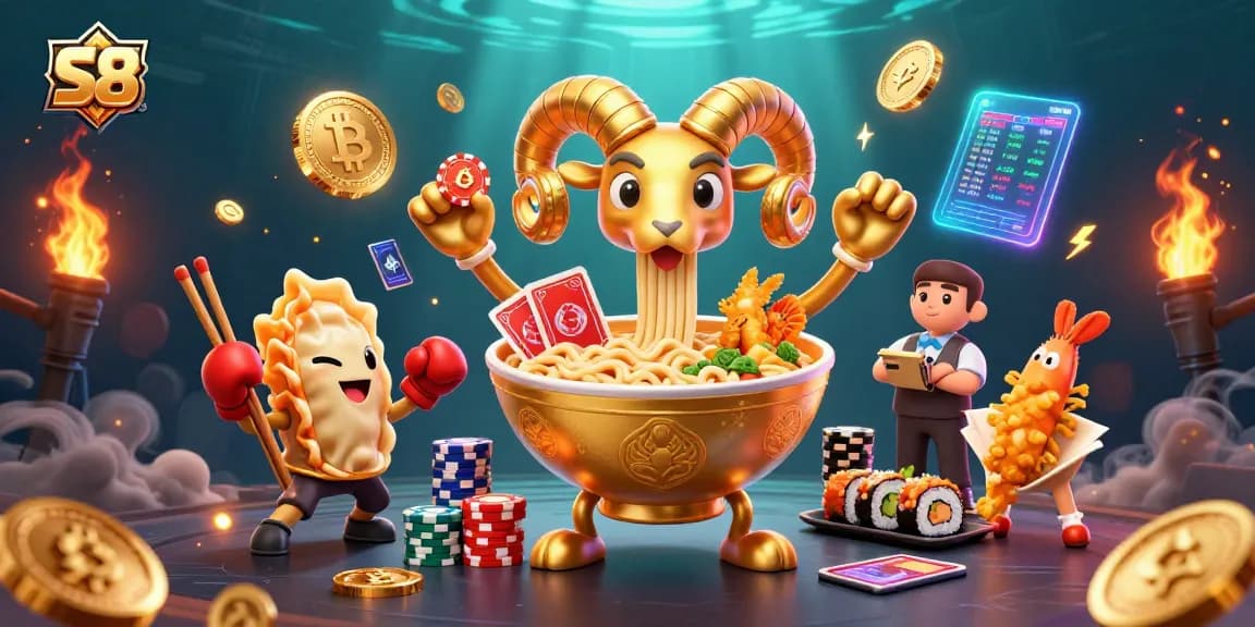 Play exciting casino games with S8, showcasing a vibrant 3D illustration of animated characters engaged in gambling activities.