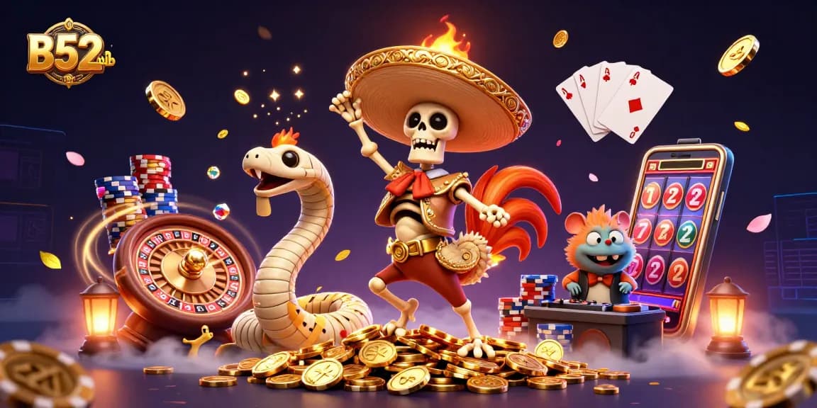 B52club showcases a lively casino scene with a dancing rooster, mummy snake, and DJ hamster surrounded by gold coins and vibrant games.