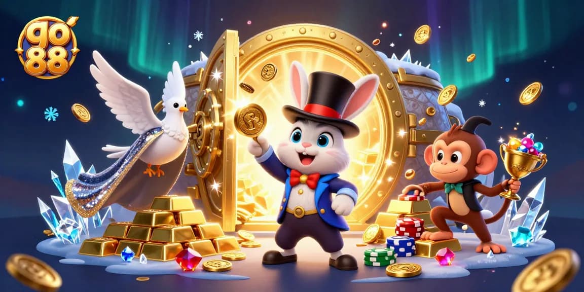 Experience the excitement of go 88 with a vibrant illustration featuring a magician, dove, and monkey amid treasures.