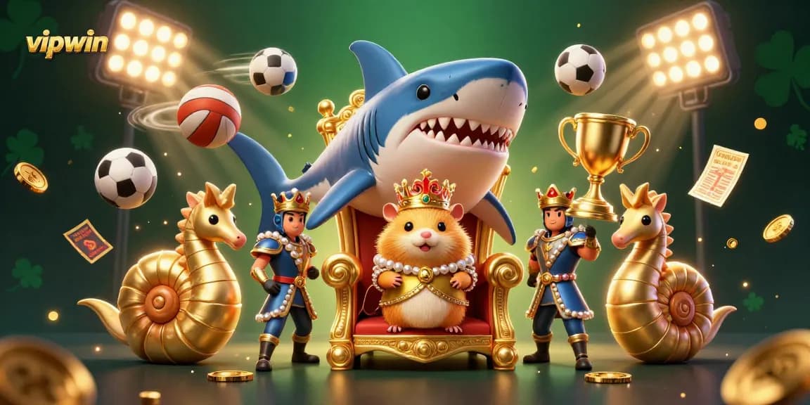 Engage in thrilling play at vipwin with a stunning scene of a golden hamster king and sports elements.