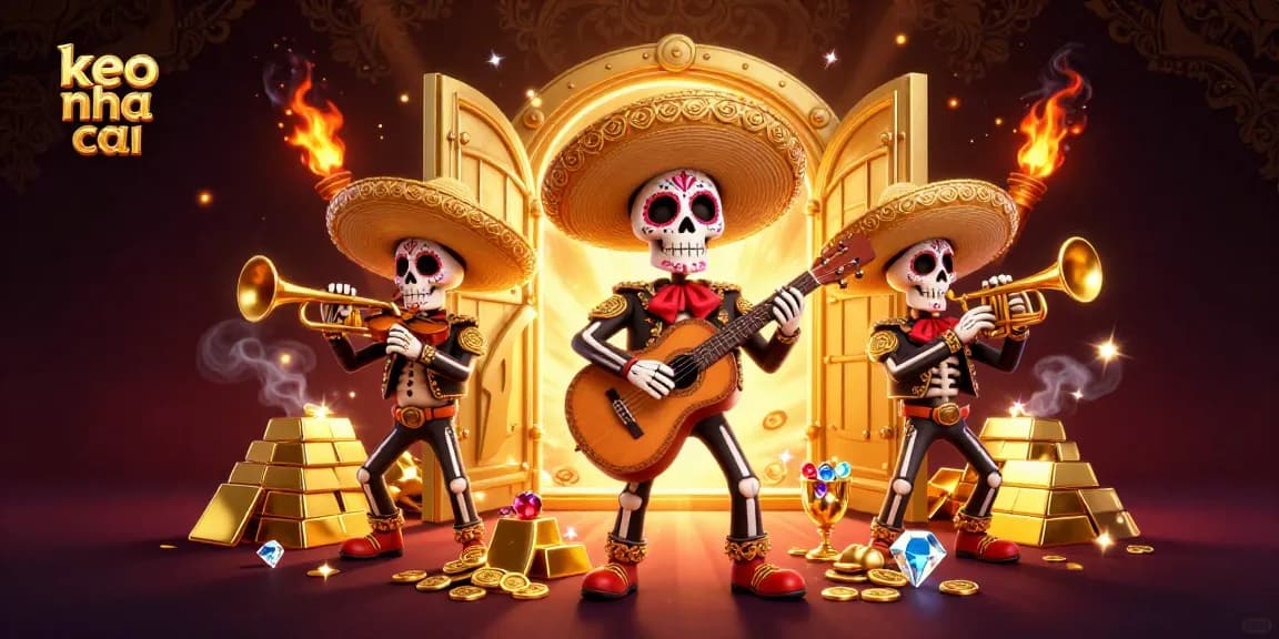 Engage in thrilling keo nha cai betting with colorful Day of the Dead mariachi musicians amidst gold treasures.