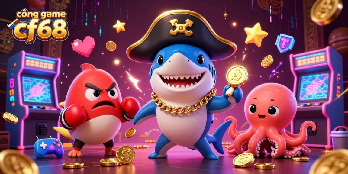 Engage with cổng game cf68's exciting features through this dynamic 3D scene of gaming characters and elements.