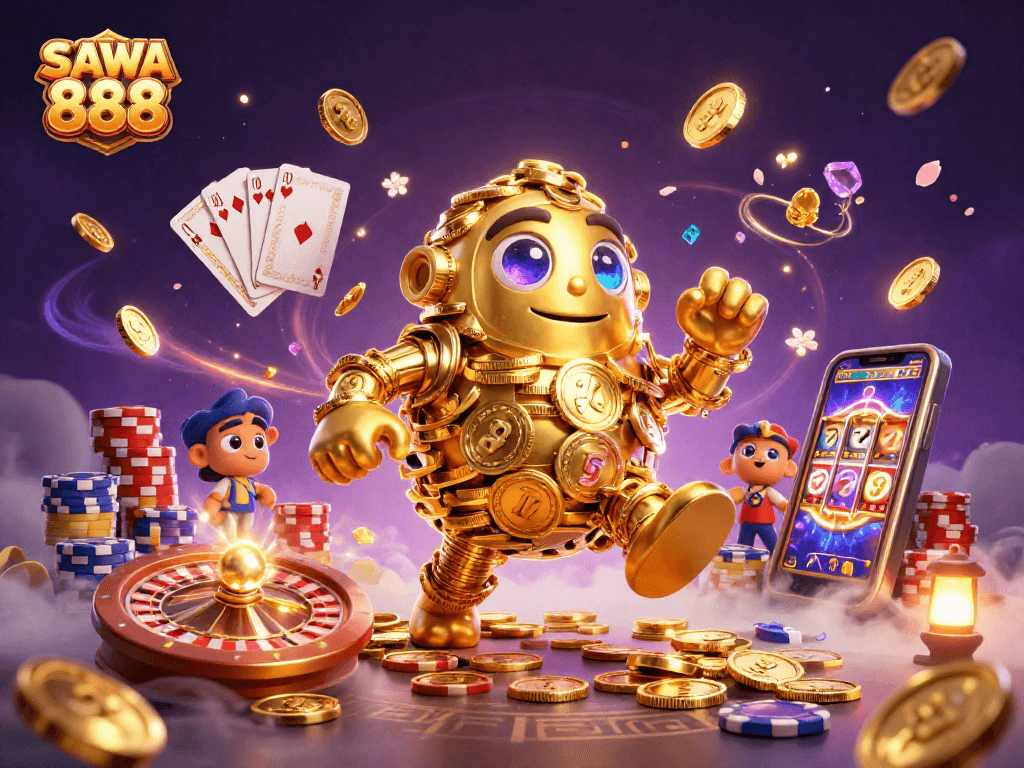 Experience SAWA 888 with a golden golem and dazzling slot symbols in an exciting casino scene.
