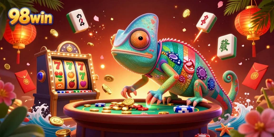 Enhance gameplay at 98win with a vibrant, dynamic casino illustration showcasing colorful slot reels and exciting characters.
