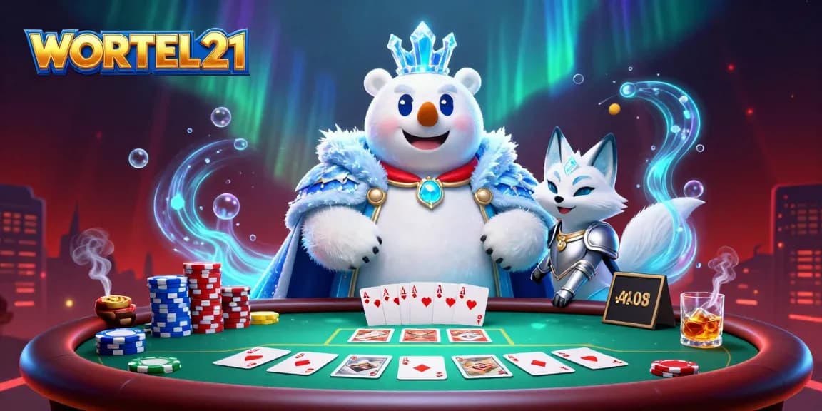 Engage in poker strategy with WORTEL21 featuring a cartoon ice king polar bear and snow fox amidst vibrant casino elements.