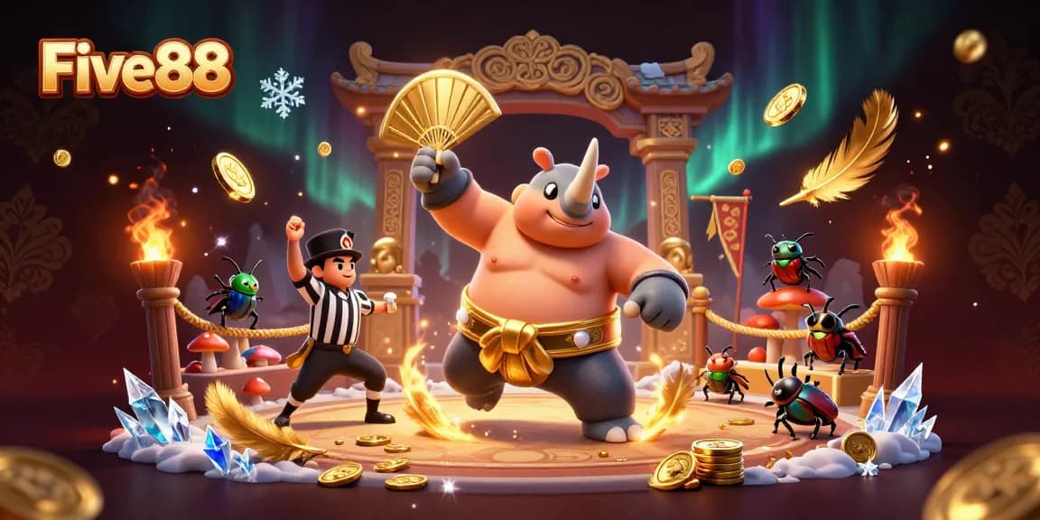 Experience Five88's thrilling gameplay as a beetle sumo champion takes center stage amidst gold coins and cheering spectators.