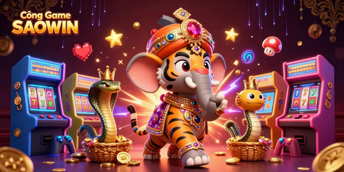 Cổng Game SAOWIN showcases a vibrant 3D scene with a tiger, elephant, and cobra, emphasizing exciting gaming experiences.