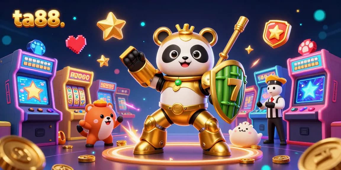 Engage with ta88's dynamic casino scene, featuring the golden panda and slot machines.