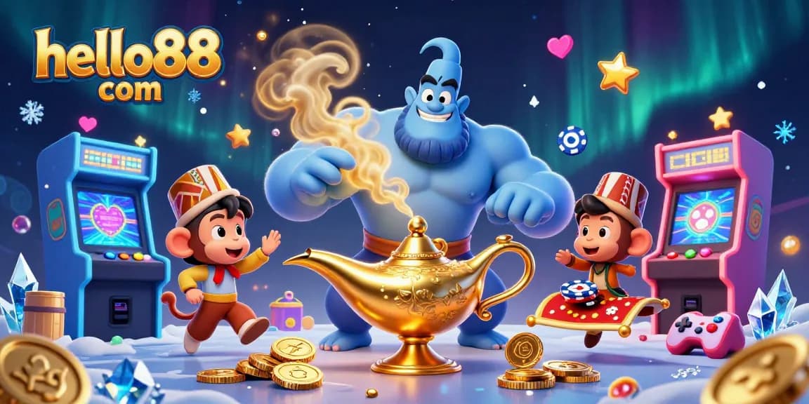 Experience the magic at hello88 com with a vibrant casino-themed 3D scene featuring a genie, monkey, and poker chips.