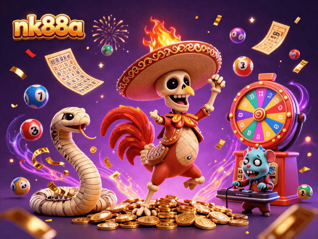 Experience the thrill of nk88a with a vibrant casino scene featuring lively characters and dynamic game elements.