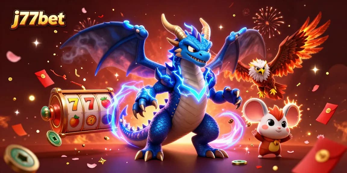 Experience the thrill of j77bet's dynamic slots with a powerful thunder dragon and glowing hawk in a festive scene.
